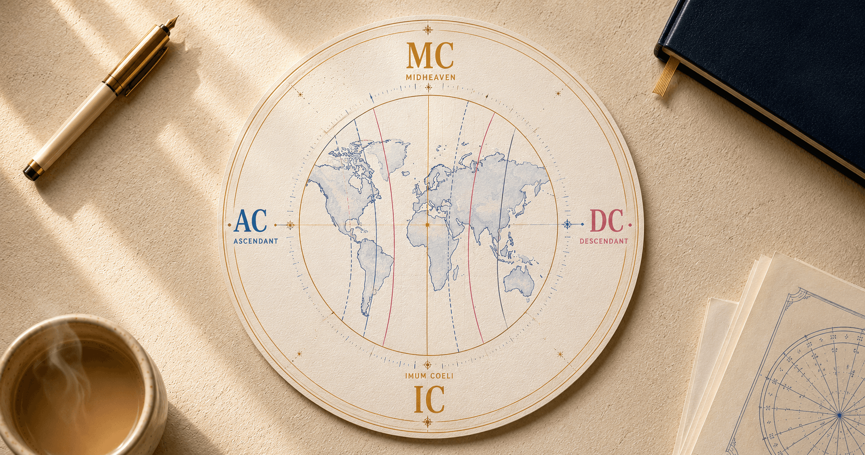 Editorial composition of an astrocartography chart with the four angles labeled at the cardinal directions: MC top and IC bottom in warm gold, AC left in soft blue, DC right in dusty rose, on a cream background