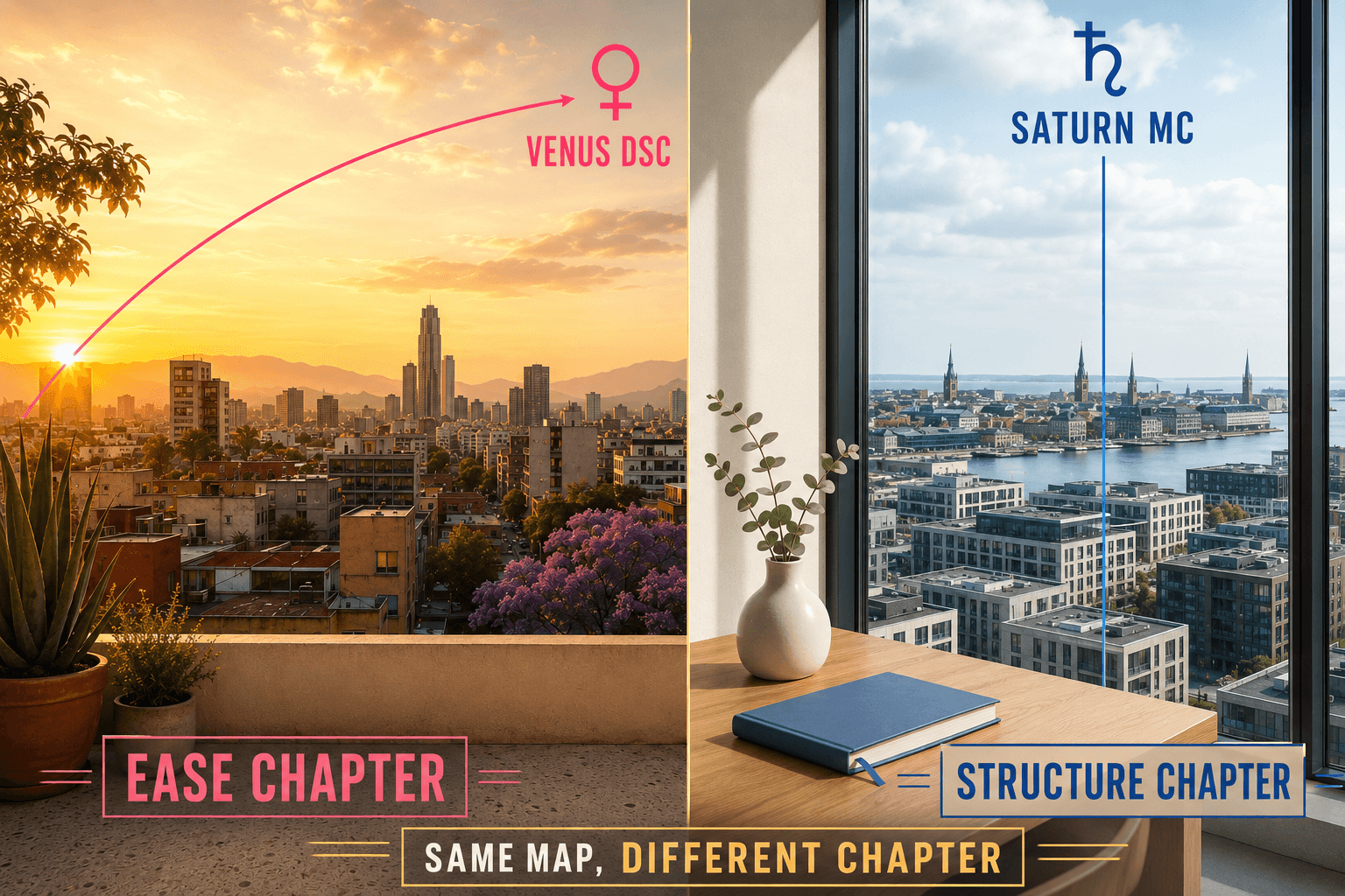 Editorial diptych: warm Mexico City rooftop with a dusty-rose Venus DSC line on the left, cool Copenhagen interior with a soft-blue Saturn MC line on the right, warm-gold divider in the center, 'same map, different chapter' caption