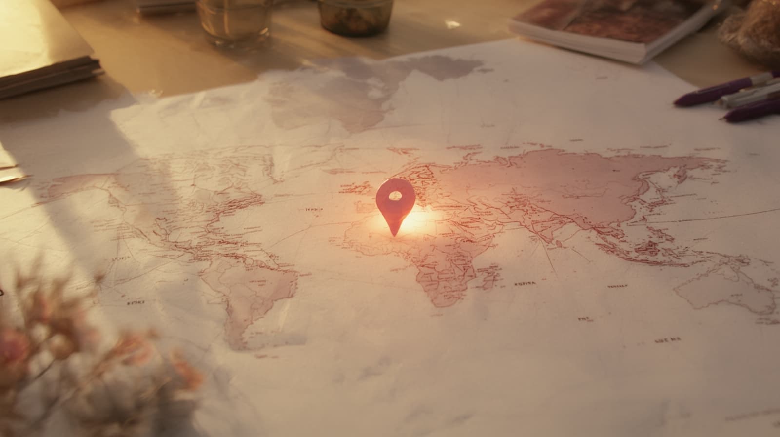 A warm flatlay of a world map with a location pin on a minimalist desk at golden hour, evoking the moment of first exploring an astrocartography chart