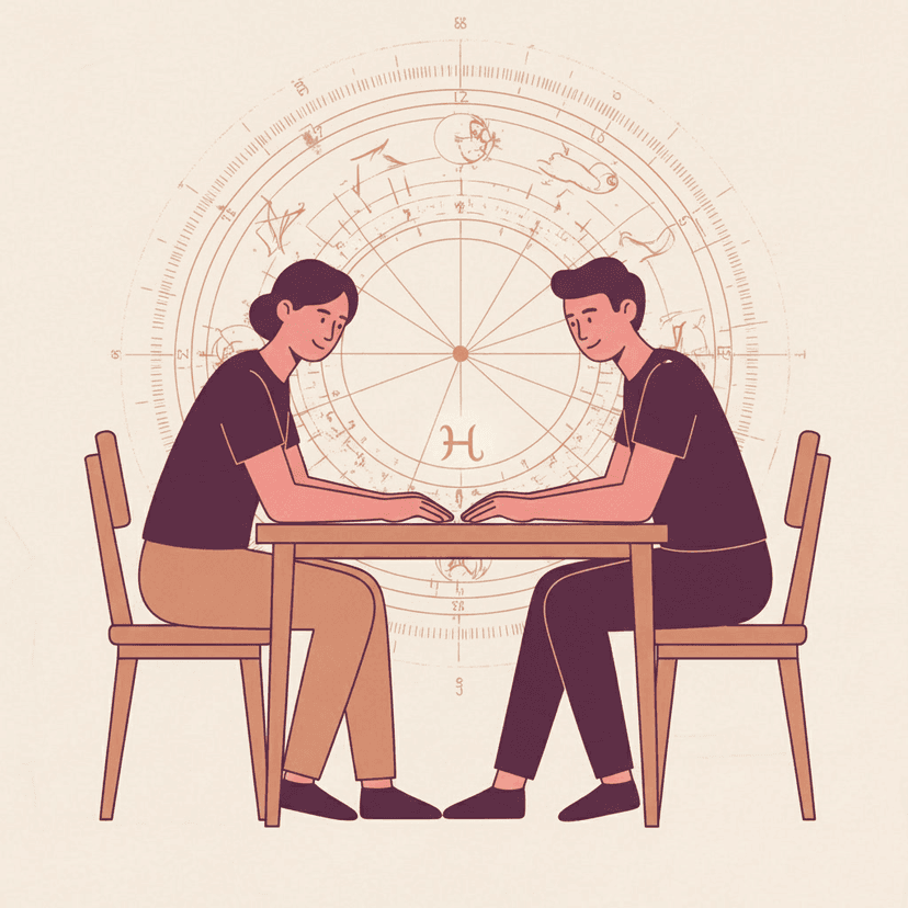 Illustration of Saturn DSC: two figures across a table, honest and present, Saturn glyph glowing between them