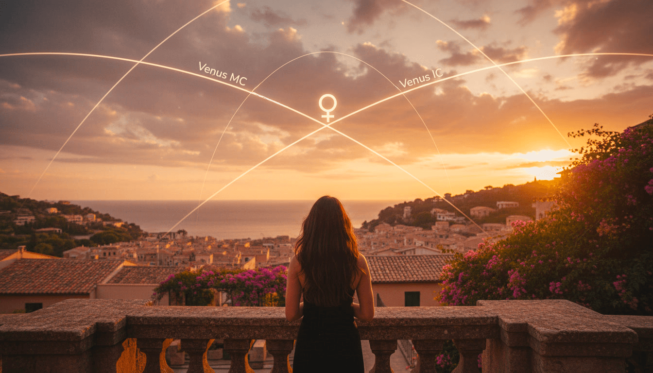 A woman standing at a stone balcony overlooking a Mediterranean coastal town at sunset, with soft astrocartography lines and a Venus glyph glowing in the sky above