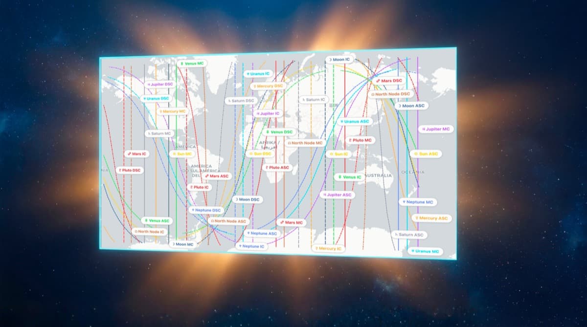 A detailed astrocartography map with precise planetary lines layered across a globe, showing exactly where each planet meets each chart angle and how their influence varies by location