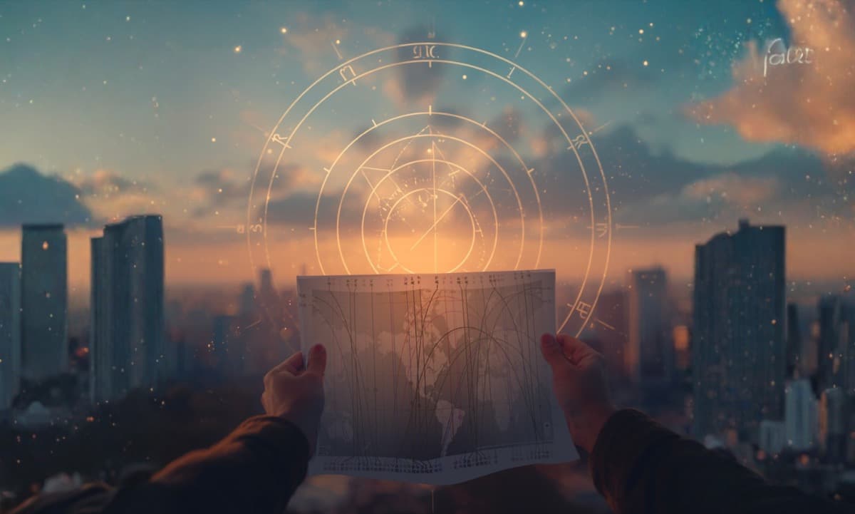 A woman's silhouette at sunset overlooking a cityscape, with a subtle zodiac wheel overlay in the sky evoking the intersection of astrology and place