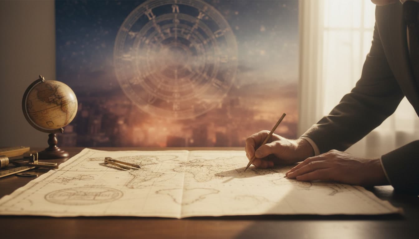 A vintage cartographer's desk with a globe, dividers, and a world map in golden hour light, evoking the 1970s era when Jim Lewis was formalizing astrocartography