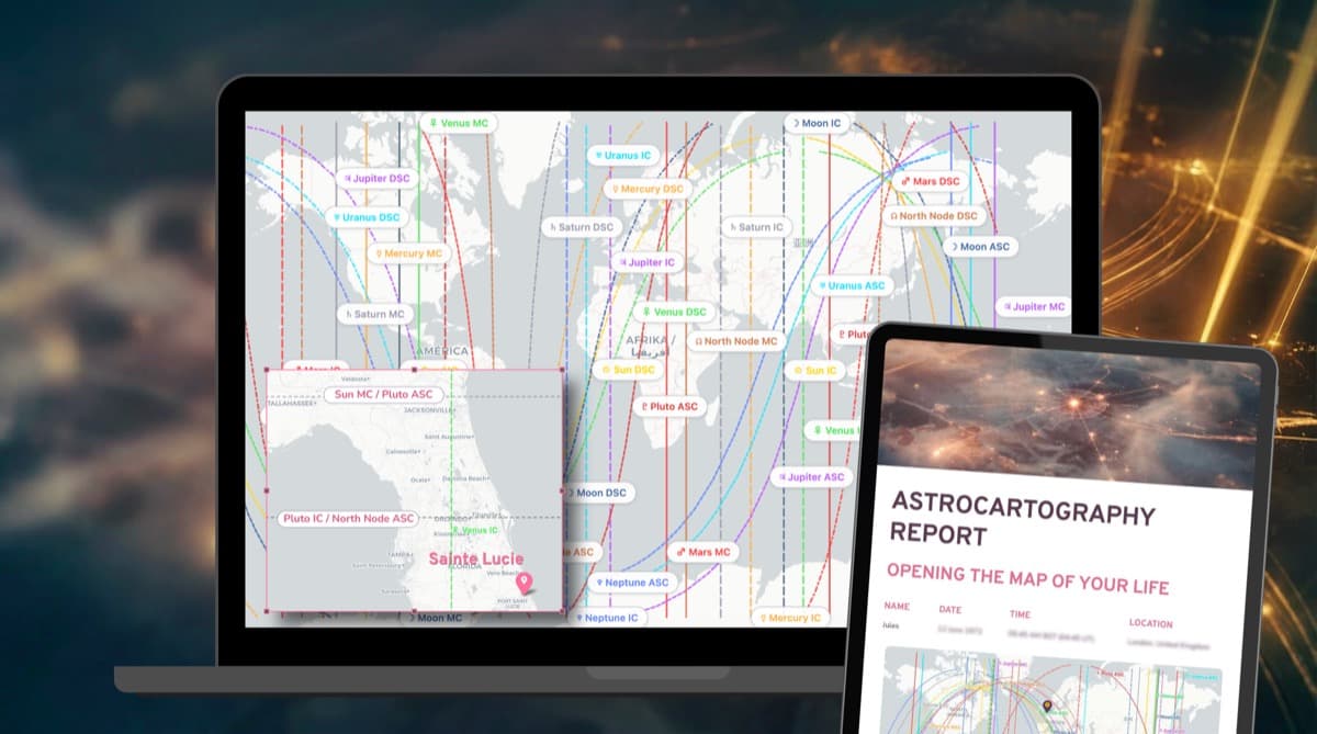 Preview of a personalized astrocartography reading showing detailed maps on tablet and phone screens with golden cosmic lighting