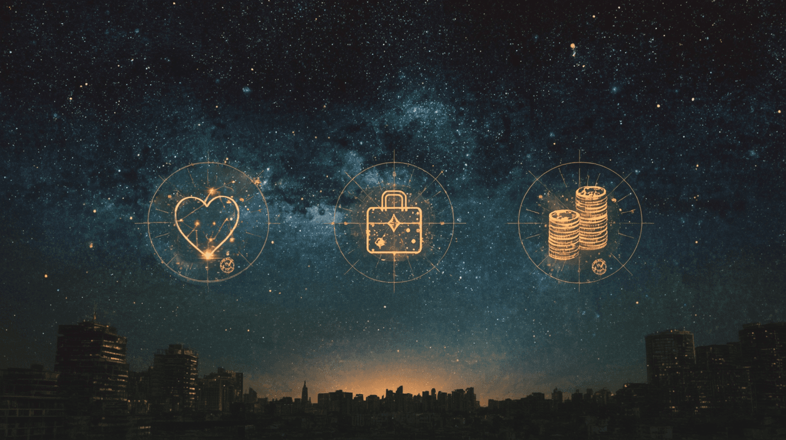 Cosmic icons representing love, career, and wealth