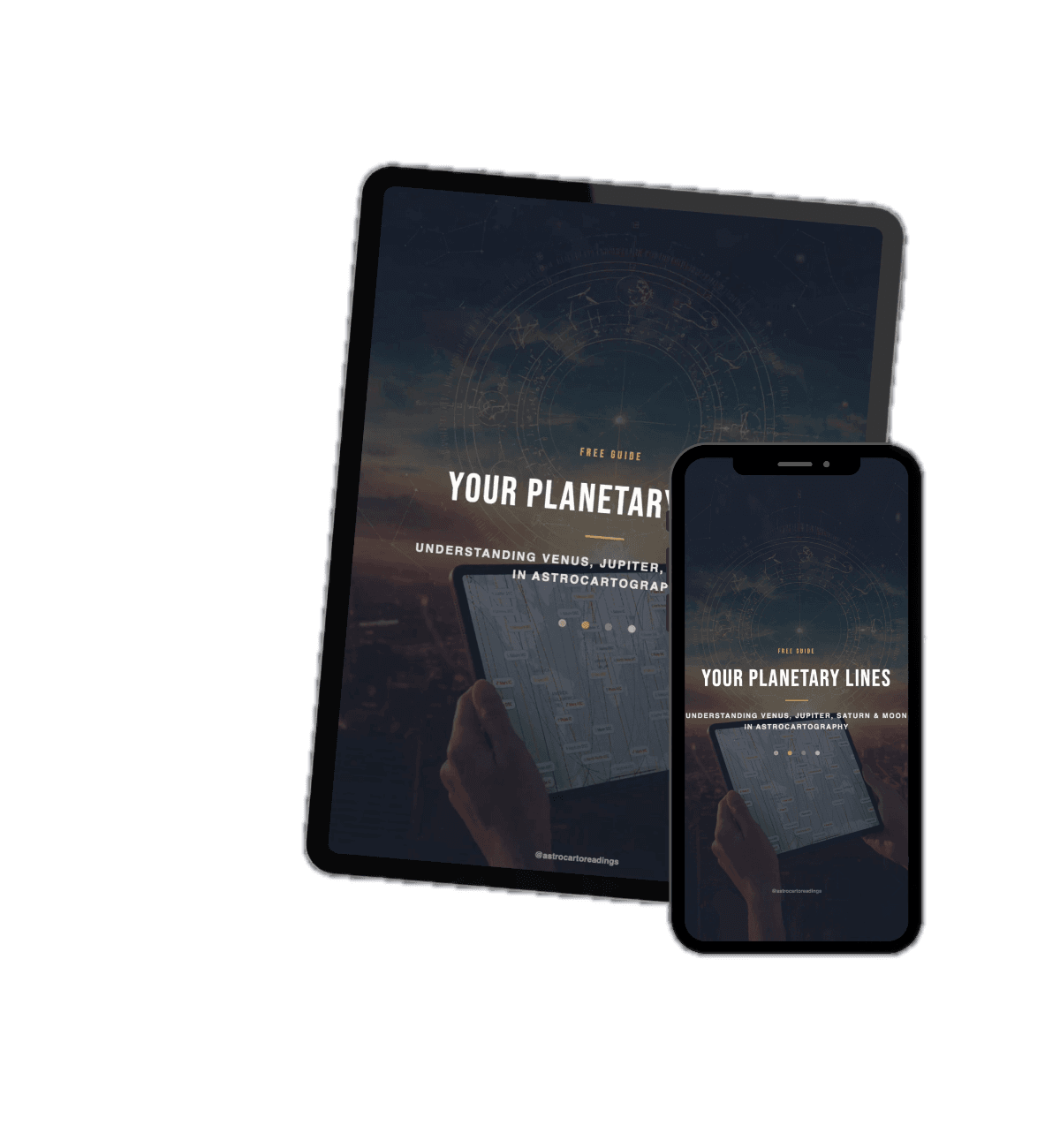 Preview of the Your Planetary Lines free guide on iPad and phone, with planetary symbols