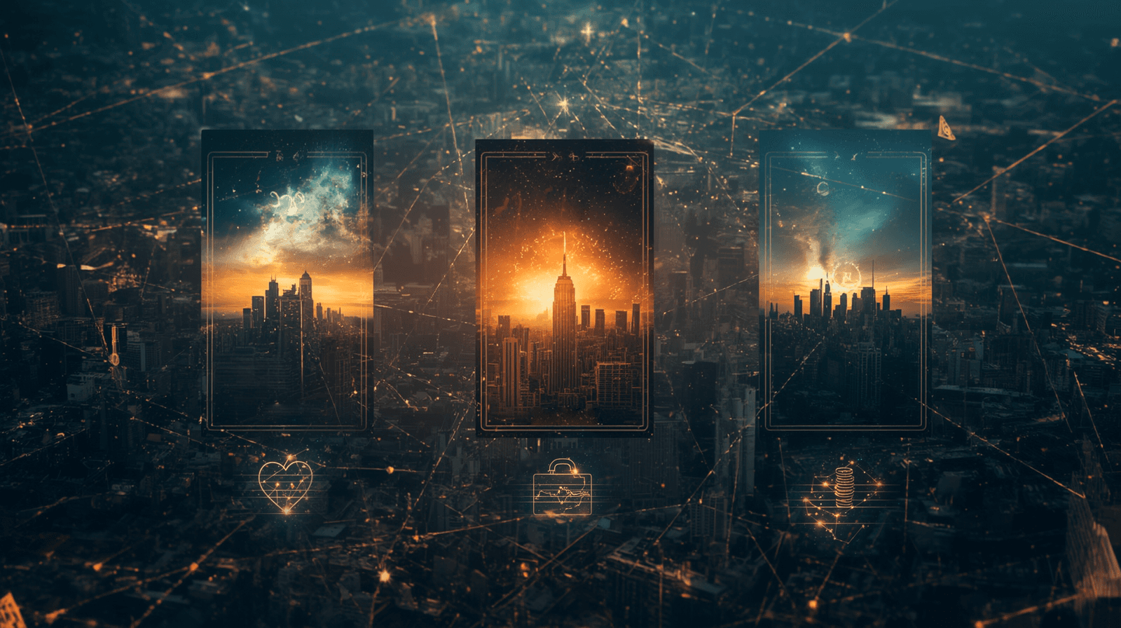 Three city windows showing different urban landscapes with cosmic energy