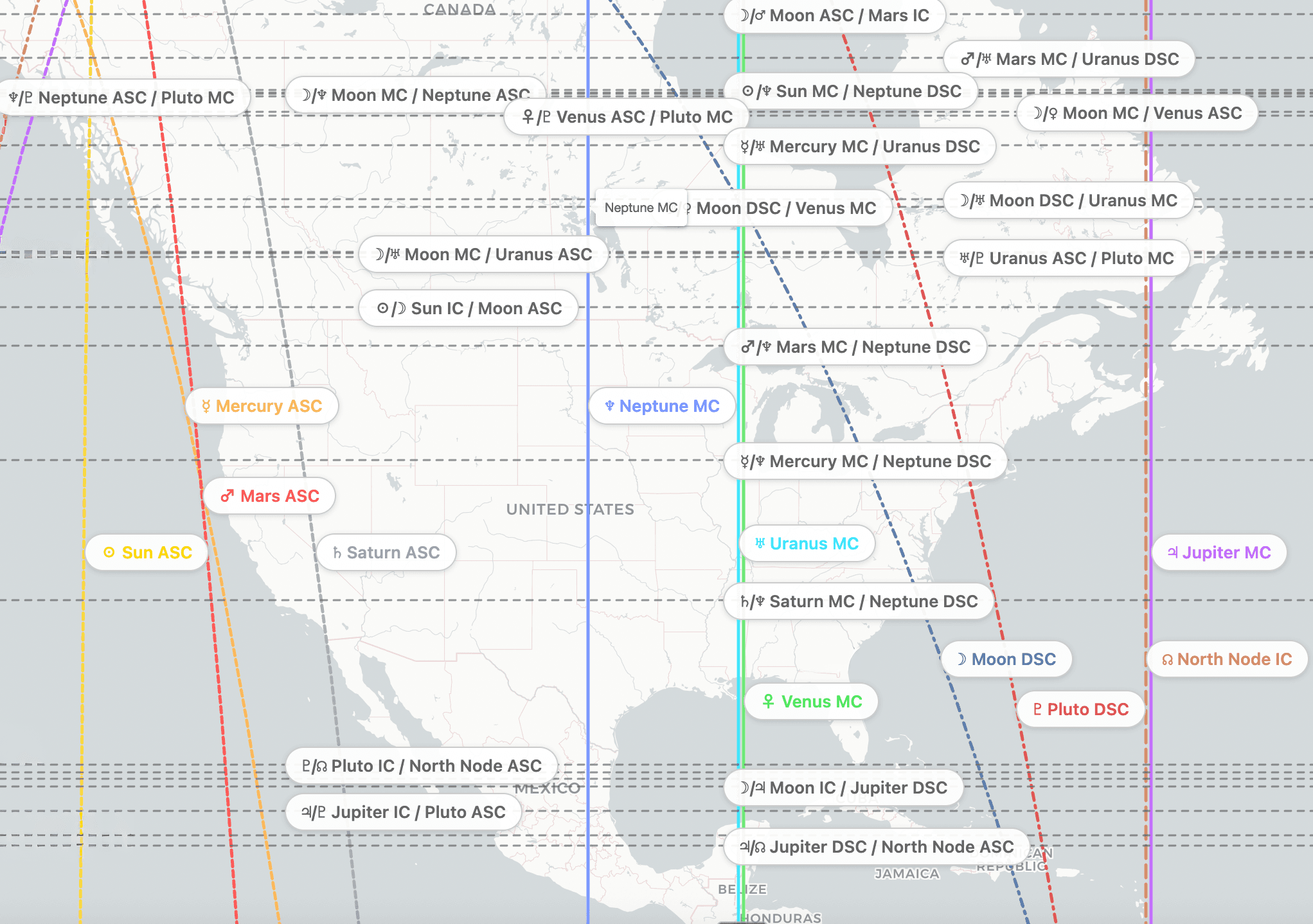 Zoomed astrocartography view of the United States with planetary lines