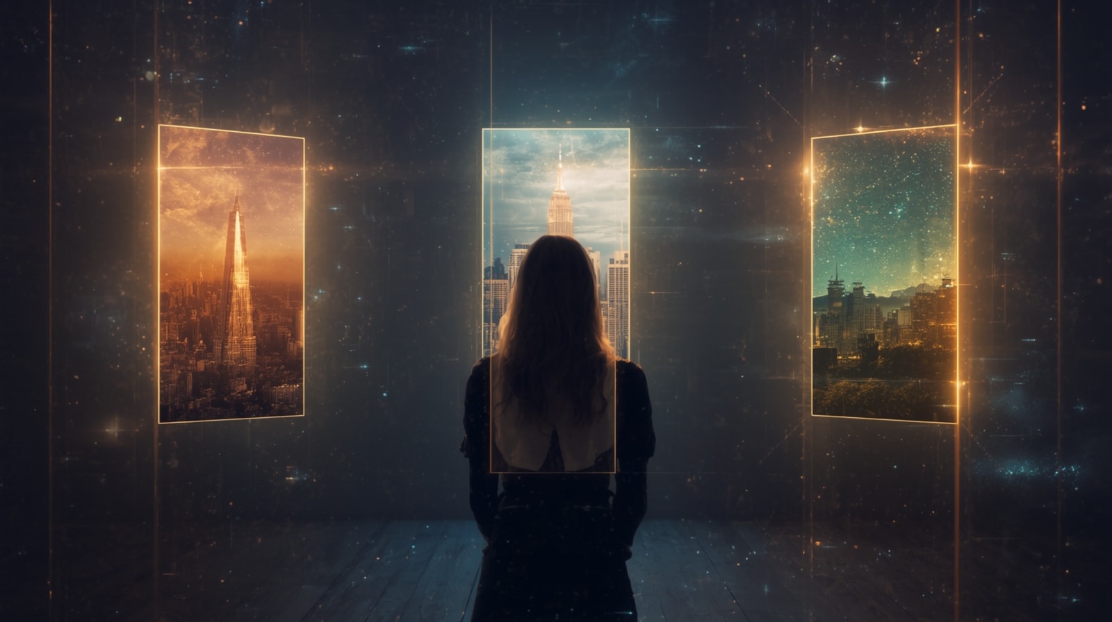 Person looking through mystical portals to different cities