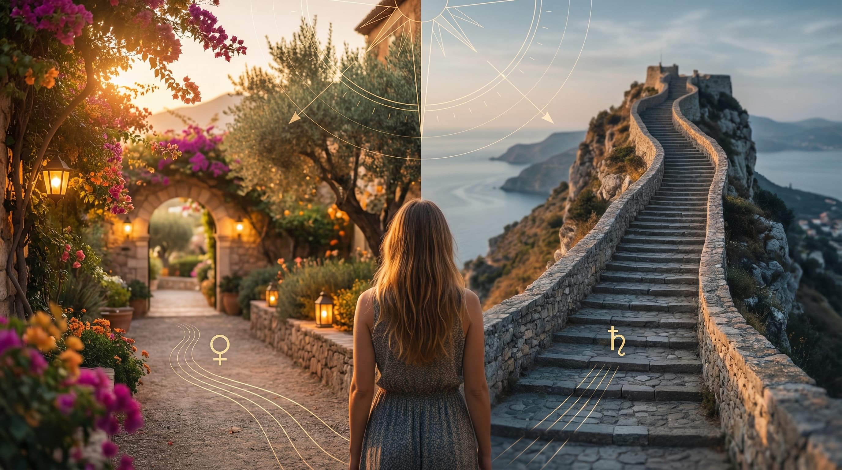 A woman standing at a crossroads between two paths: a lush garden terrace with lanterns and flowering vines on the left, and a steep stone stairway climbing toward a dramatic hilltop on the right, representing the choice between ease and growth in astrocartography