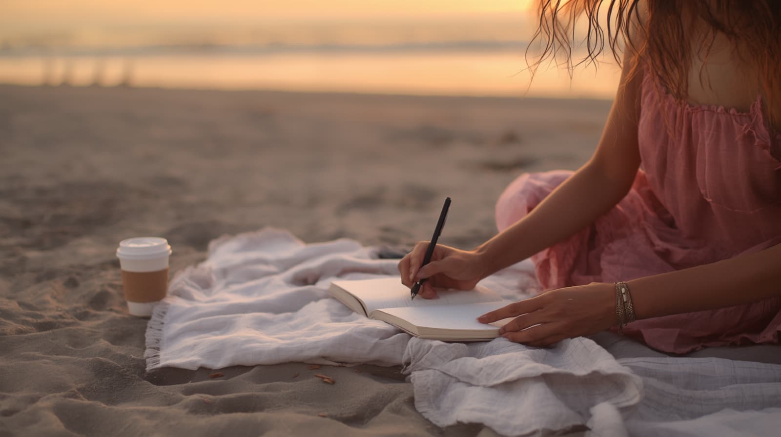 A woman writing in a journal on the beach at golden hour, reflecting on a life decision