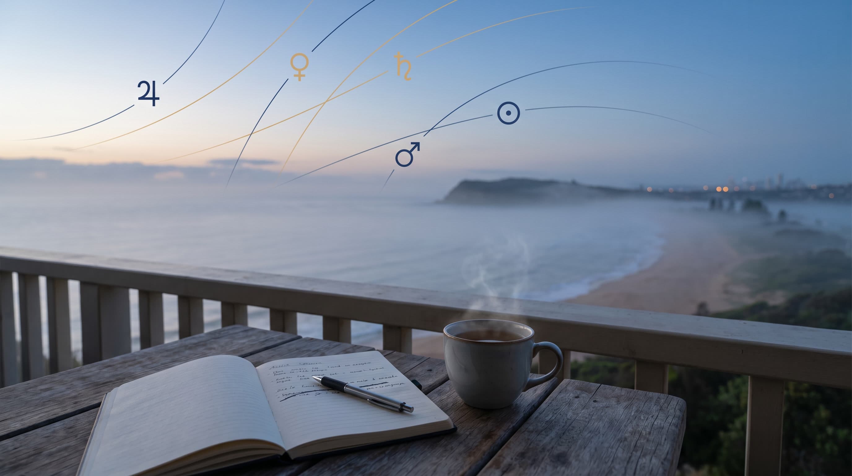 Quiet coastline view at dawn in soft mist, a notebook with handwritten notes and a line crossed out, pen resting on top, cooling tea, faint deep-blue astrocartography line traces fading into the misty horizon