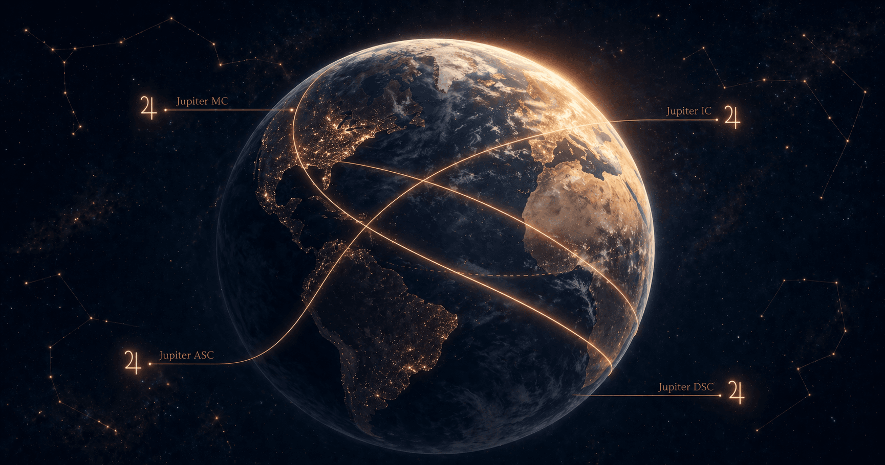 A modern editorial astrocartography visualization: a stylized Earth in deep navy cosmic space, four warm-gold and dusty-rose Jupiter lines arcing across the globe, each labeled Jupiter MC, IC, ASC, DSC, with a small Jupiter glyph at each line endpoint
