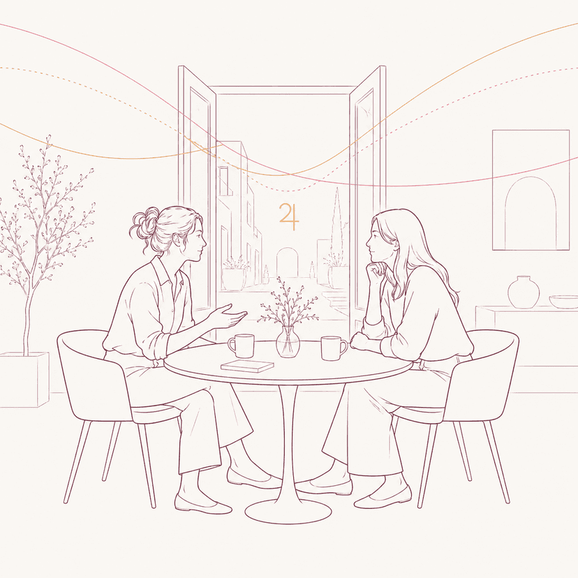Line illustration of Jupiter DSC: two woman silhouettes at a small modern round cafe table mid-conversation, an open doorway behind suggesting new doors opening, Jupiter glyph between them