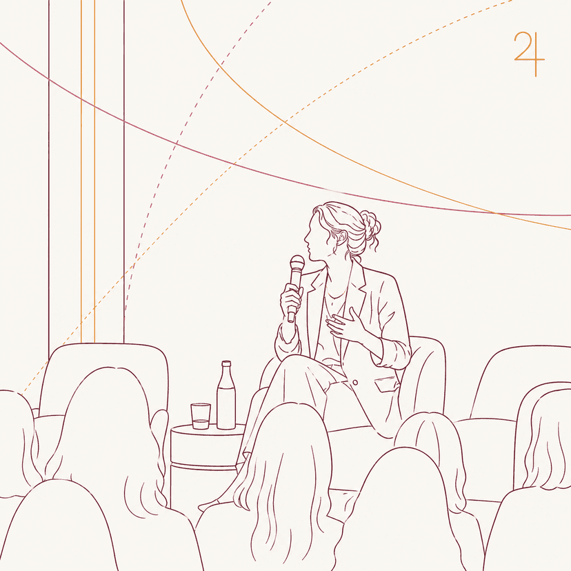 Line illustration of Jupiter MC: a woman silhouette mid-stride stepping up onto a low platform with audience implied below, Jupiter glyph in warm gold above