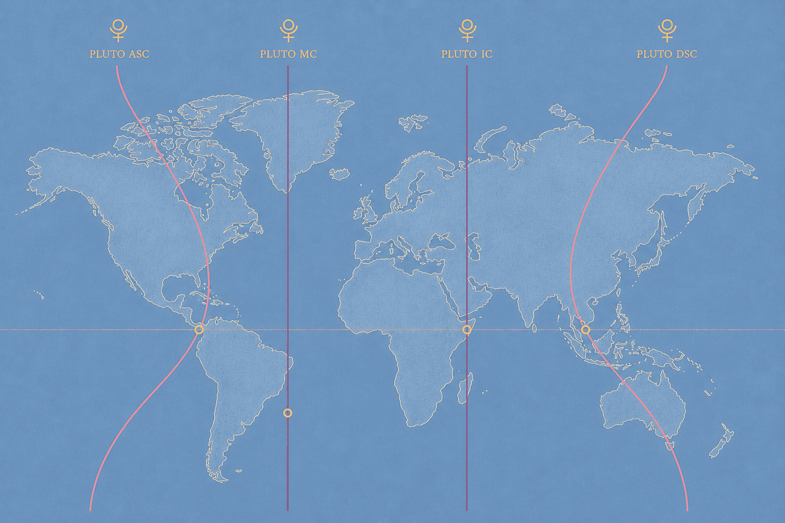 A modern editorial astrocartography world map on cream background, flat Mercator-style projection with soft celestial-blue continent outlines, four Pluto lines clearly drawn and labeled: two vertical Pluto MC and Pluto IC lines in deep mauve crossing the map from top to bottom, two curving Pluto ASC and Pluto DSC lines in dusty rose arcing across the map, each labeled in warm-gold serif caps with a small Pluto glyph above each label