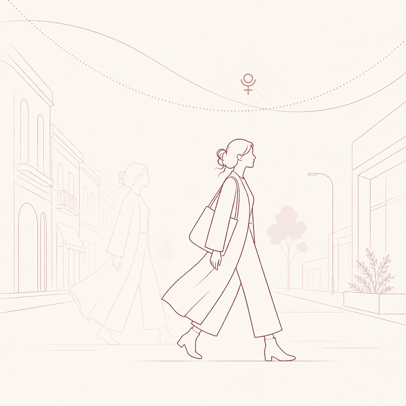 Line illustration of Pluto ASC: a woman silhouette walking forward through a modern street with a soft echo of an earlier version fading behind her, Pluto glyph in warm gold above her path
