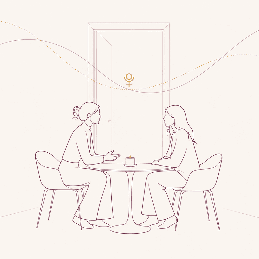 Line illustration of Pluto DSC: two woman silhouettes seated across from each other at a small modern minimalist round table, Pluto glyph in warm gold between them, an open doorway behind suggesting depth