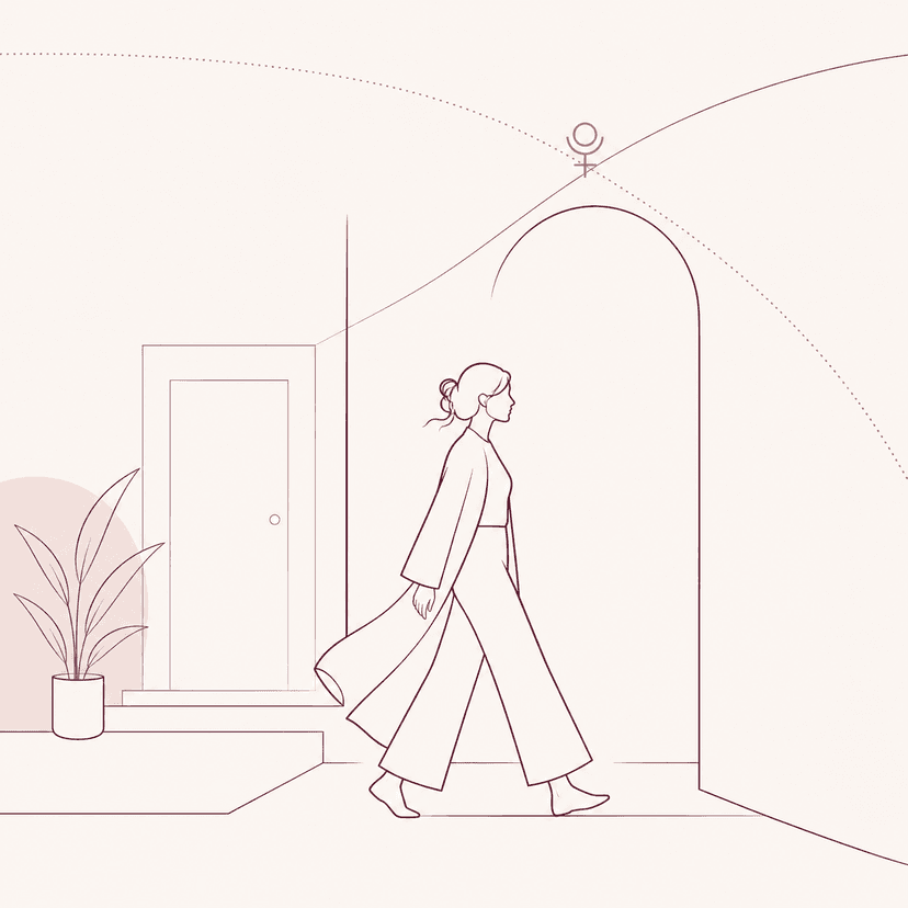 Line illustration of Pluto MC: a woman silhouette walking forward through a modern threshold, a closed door behind, an open archway ahead, Pluto glyph in warm gold above
