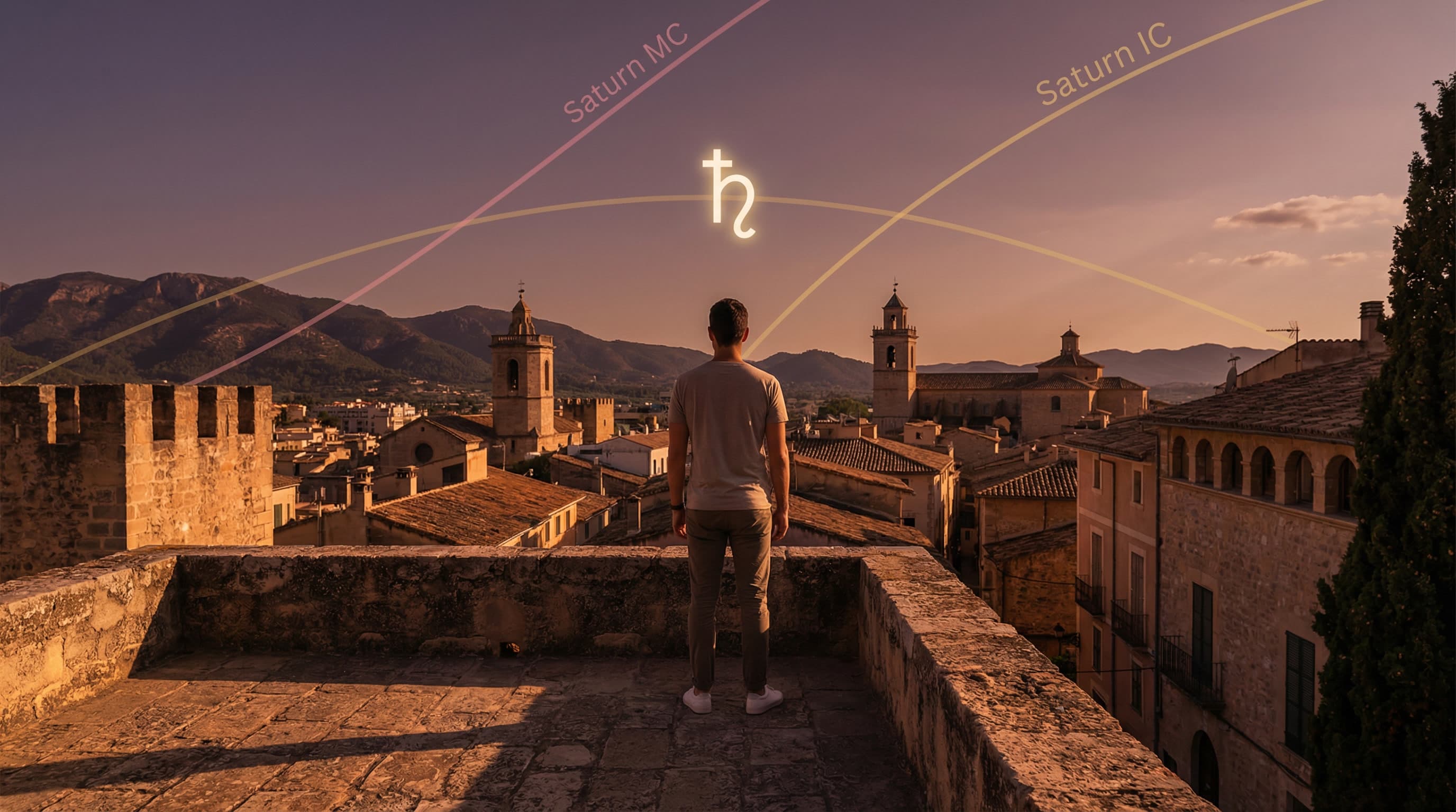 A man standing on an ancient stone terrace overlooking a timeless old city at sunset, with soft astrocartography lines and a Saturn glyph glowing in the sky above