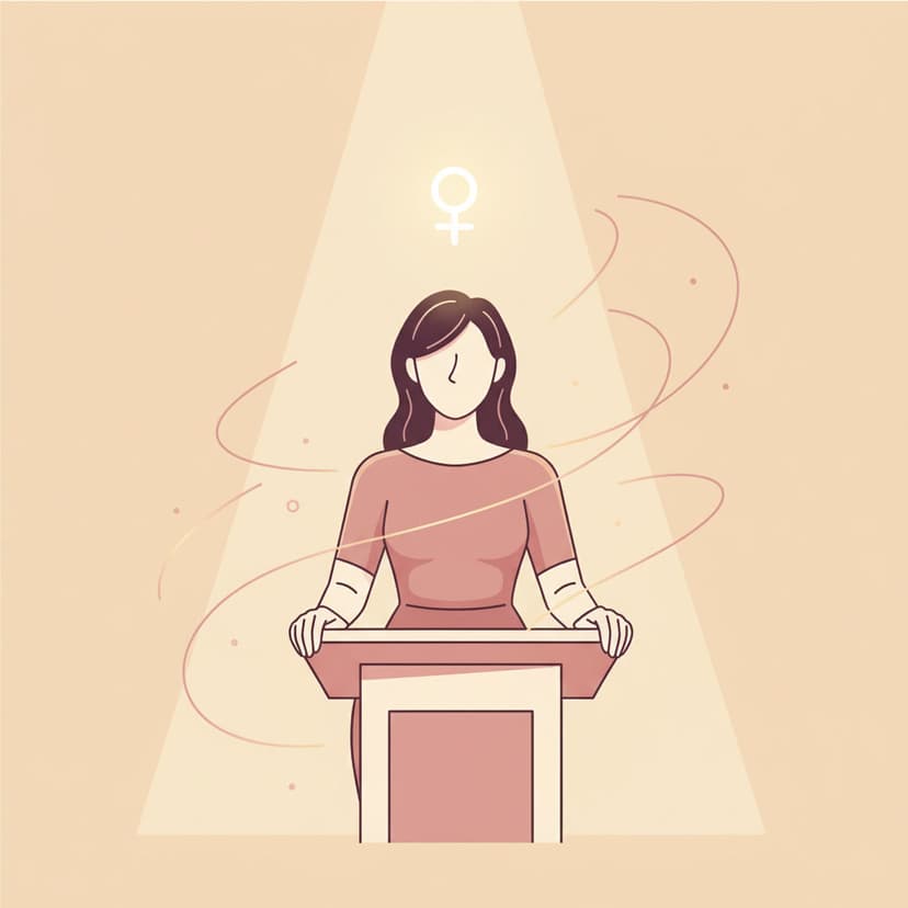 Illustration of Venus MC: a woman at a podium with soft planetary lines swirling around her and a Venus glyph glowing above