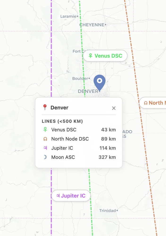 Denver, US astrocartography zoom showing the Jupiter MC line