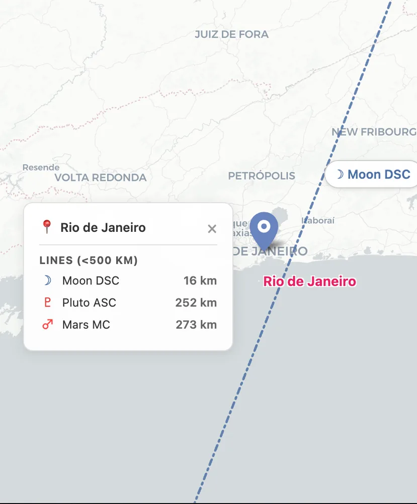 Rio de Janeiro, BR astrocartography zoom showing the Venus DSC line