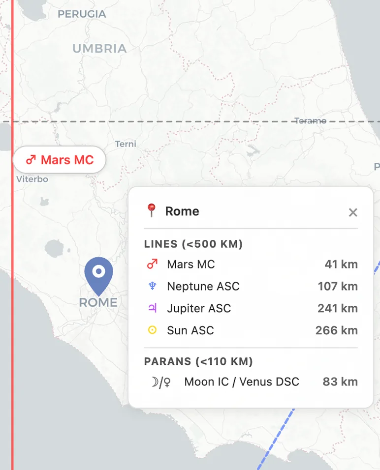 Rome, IT astrocartography zoom showing the Mars MC line